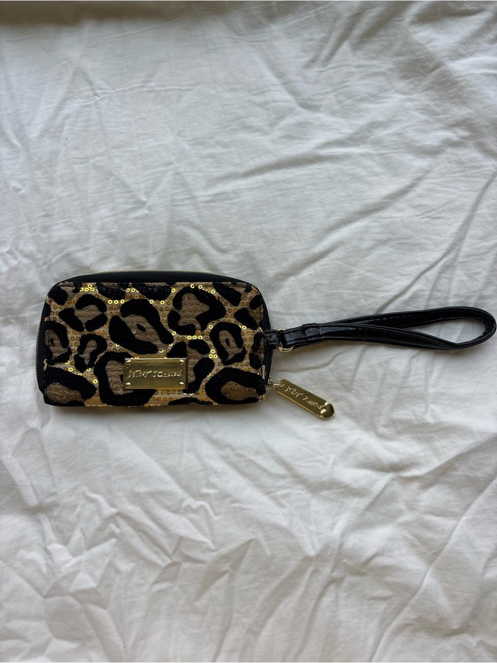 Betsey Johnson Black & Gold Leopard Sequin Wristlet